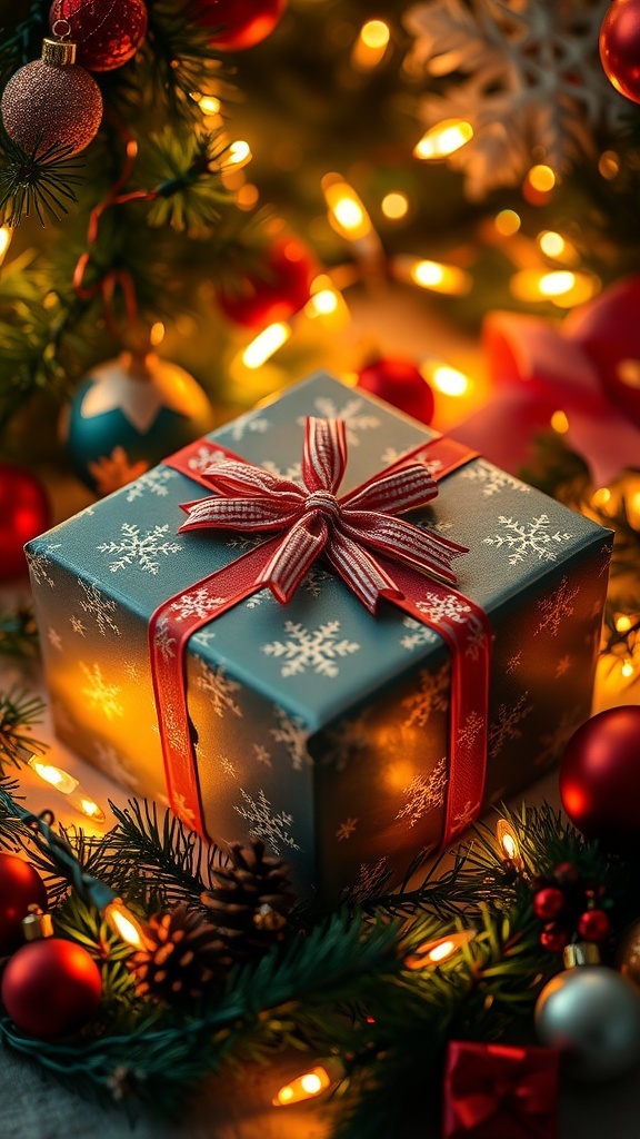 A festive Christmas gift box with decorations, lights, and ornaments.